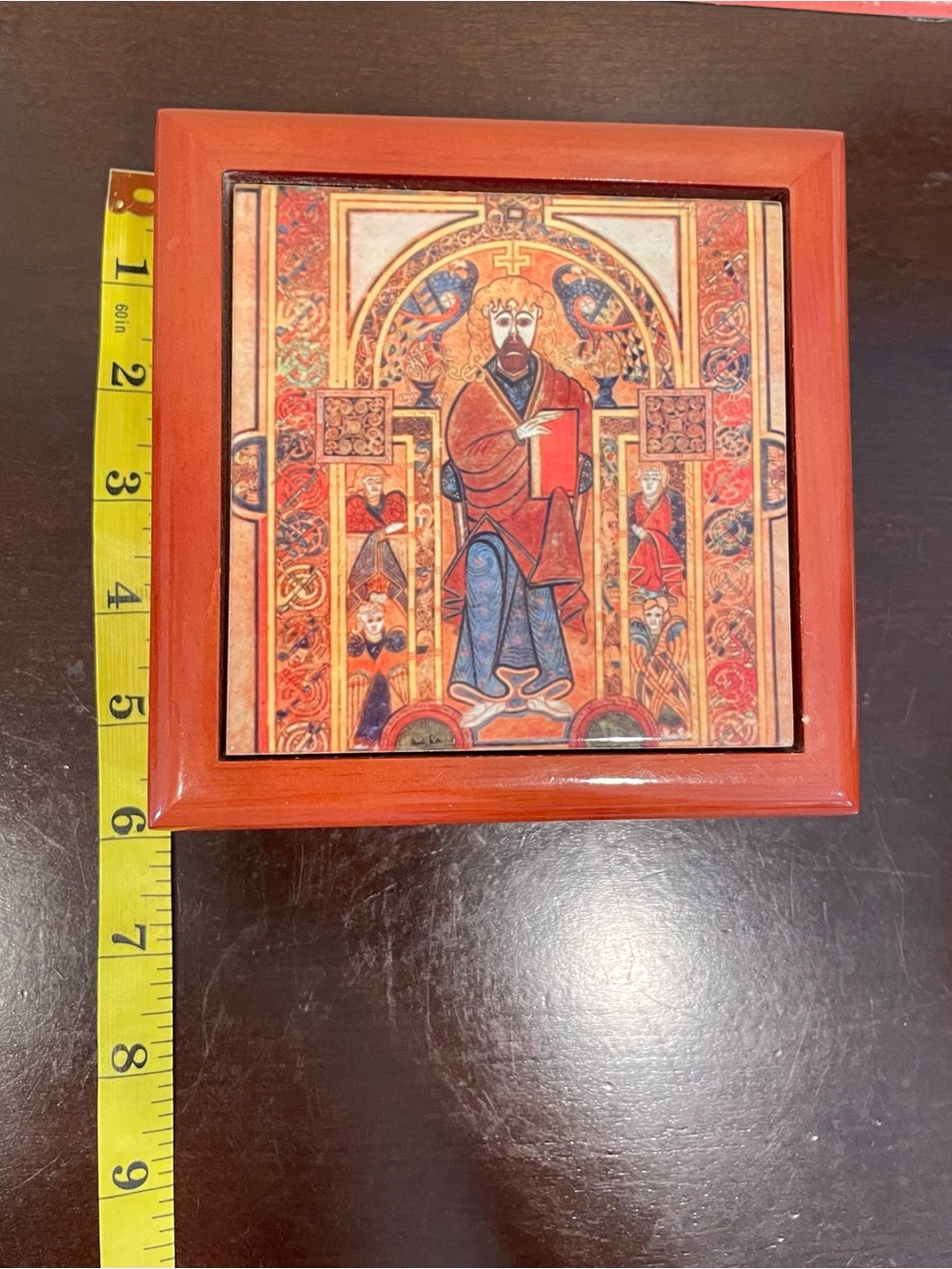 Decorative Wooden Trinket Box with Medieval Illustration - Red & Blue